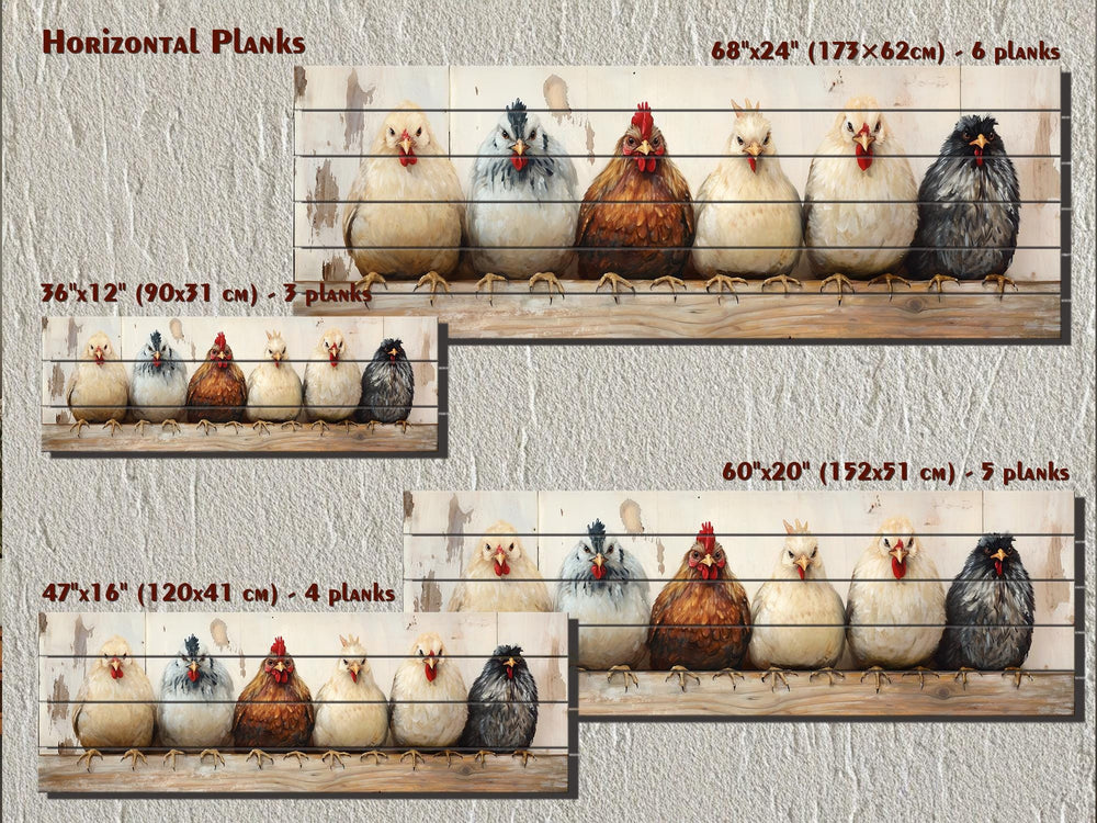 Chicken And Hens Lineup Real Wood Long Horizontal Wall Art For Farmhouse Kitchen Or Bedroom