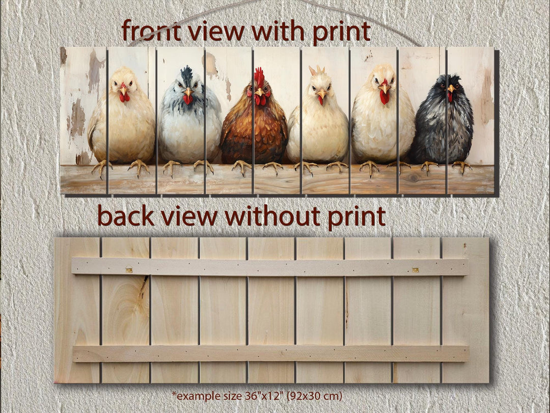 Chicken And Hens Lineup Real Wood Long Horizontal Wall Art For Farmhouse Kitchen Or Bedroom