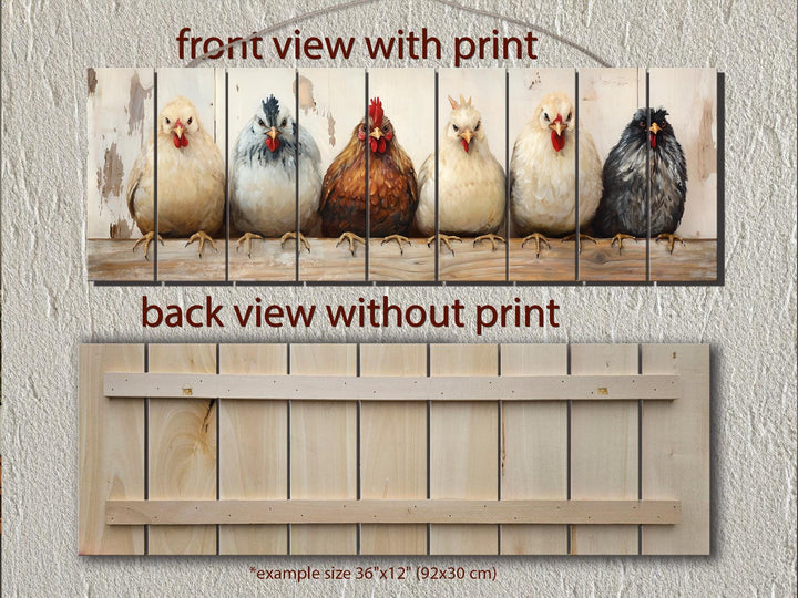 Chicken And Hens Lineup Real Wood Long Horizontal Wall Art For Farmhouse Kitchen Or Bedroom