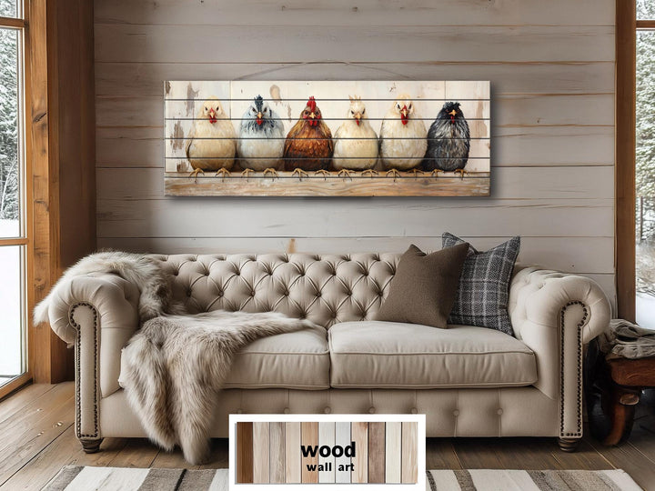 Chicken And Hens Lineup Real Wood Long Horizontal Wall Art For Farmhouse Kitchen Or Bedroom