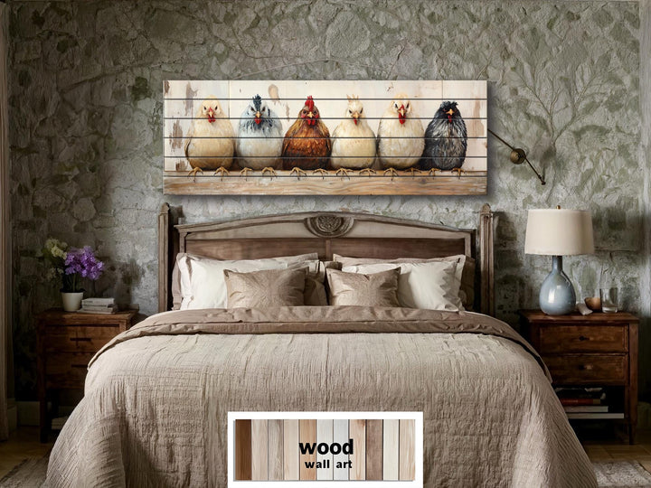 Chicken And Hens Lineup Real Wood Long Horizontal Wall Art For Farmhouse Kitchen Or Bedroom