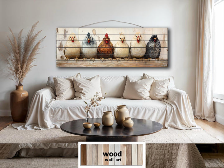 Chicken And Hens Lineup Real Wood Long Horizontal Wall Art For Farmhouse Kitchen Or Bedroom