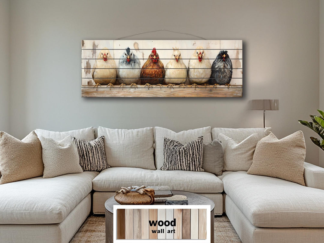 Chicken And Hens Lineup Real Wood Long Horizontal Wall Art For Farmhouse Kitchen Or Bedroom