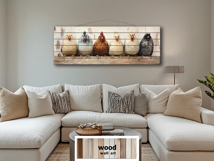 Chicken And Hens Lineup Real Wood Long Horizontal Wall Art For Farmhouse Kitchen Or Bedroom
