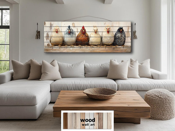 Chicken And Hens Lineup Real Wood Long Horizontal Wall Art For Farmhouse Kitchen Or Bedroom