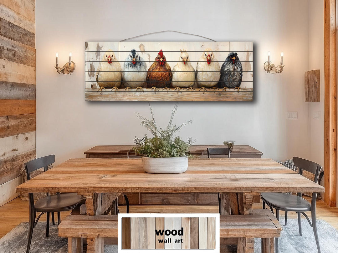 Chicken And Hens Lineup Real Wood Long Horizontal Wall Art For Farmhouse Kitchen Or Bedroom