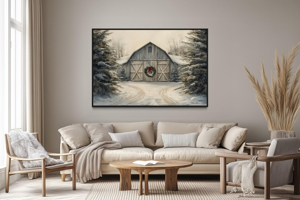 Christmas Barn In Snow Canvas Wall Art