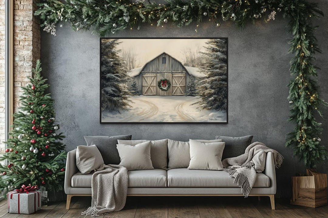 Christmas Barn In Snow Canvas Wall Art