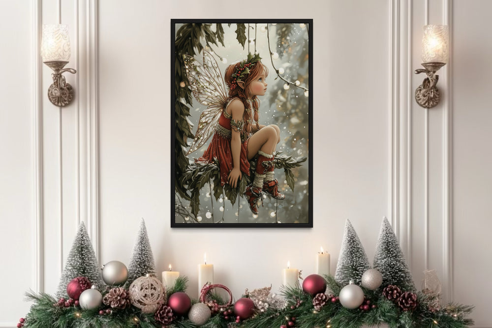 Christmas Fairy Sitting on Mistletoe Framed Canvas Wall Art