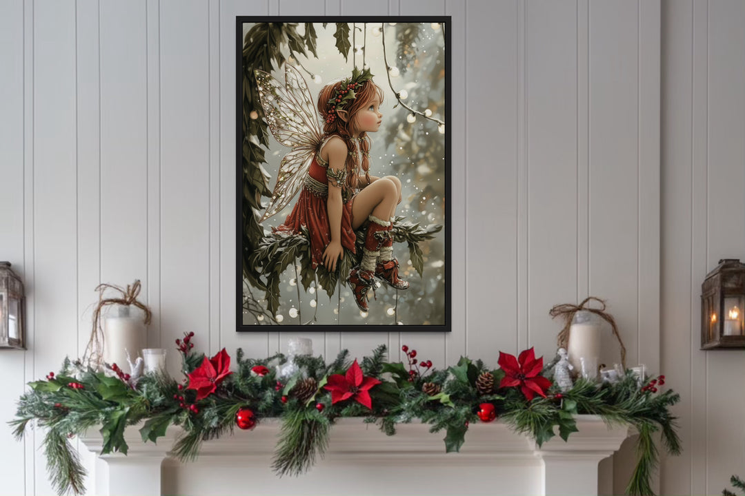Christmas Fairy Sitting on Mistletoe Framed Canvas Wall Art