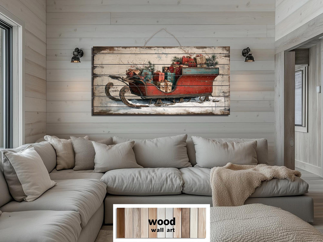 Christmas Sleigh With Presents Distressed Wood Wall Art