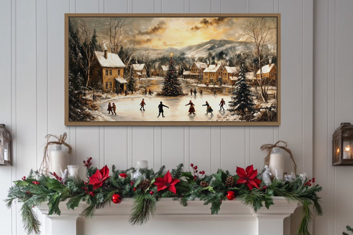 Christmas Village Skating Scene Framed Canvas Wall Art