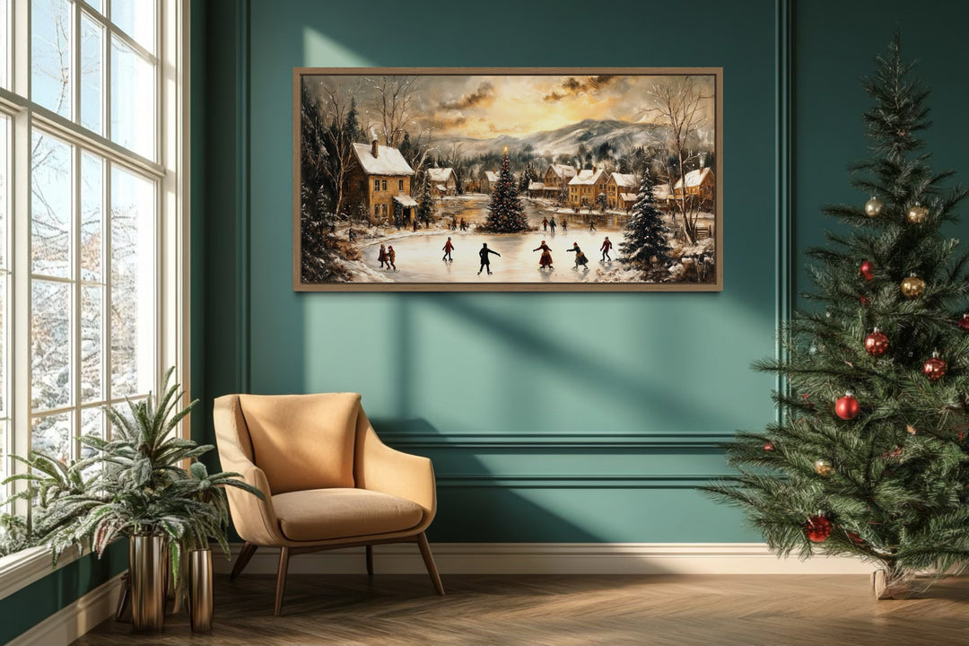Christmas Village Skating Scene Framed Canvas Wall Art