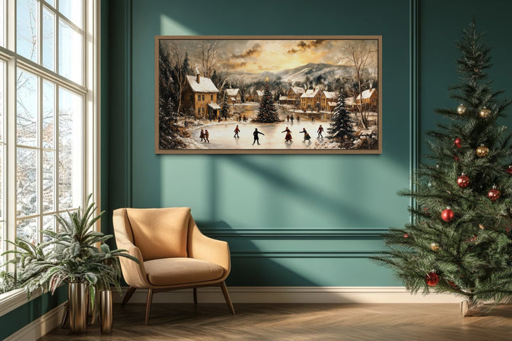 Christmas Village Skating Scene Framed Canvas Wall Art