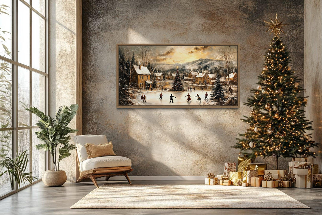 Christmas Village Skating Scene Framed Canvas Wall Art