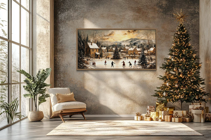 Christmas Village Skating Scene Framed Canvas Wall Art