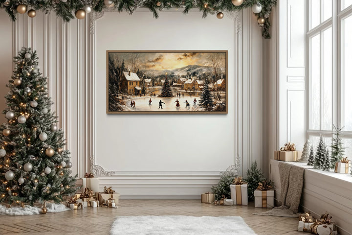 Christmas Village Skating Scene Framed Canvas Wall Art