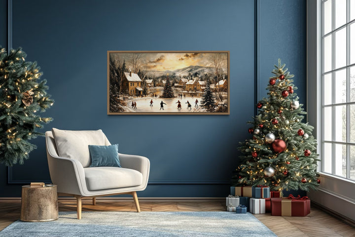 Christmas Village Skating Scene Framed Canvas Wall Art