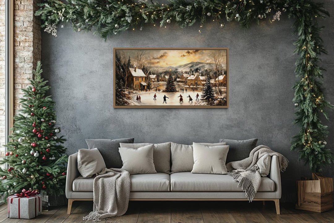 Christmas Village Skating Scene Framed Canvas Wall Art