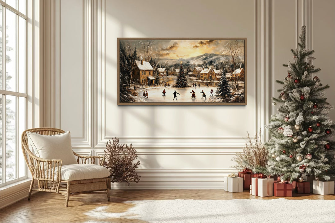 Christmas Village Skating Scene Framed Canvas Wall Art