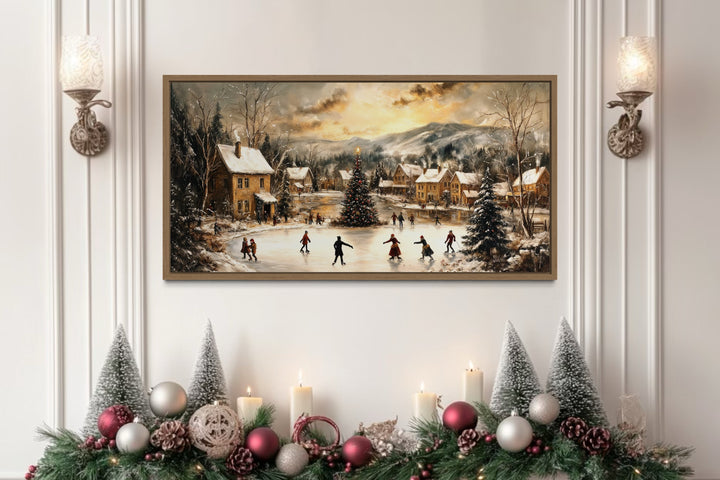 Christmas Village Skating Scene Framed Canvas Wall Art