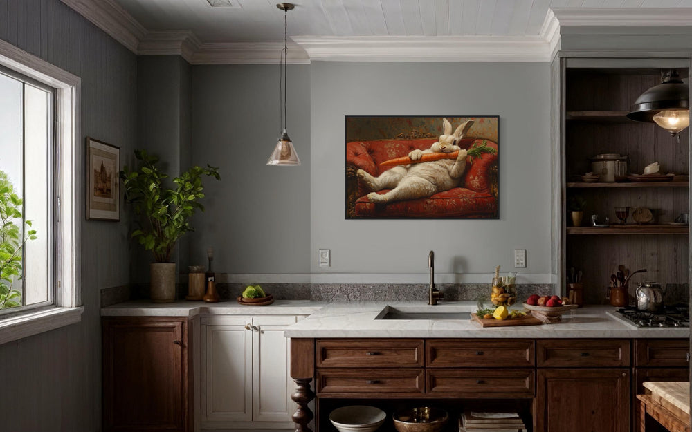 Chubby Fat Bunny Victorian Portrait Framed Canvas Wall Art Funny Kitchen Decor