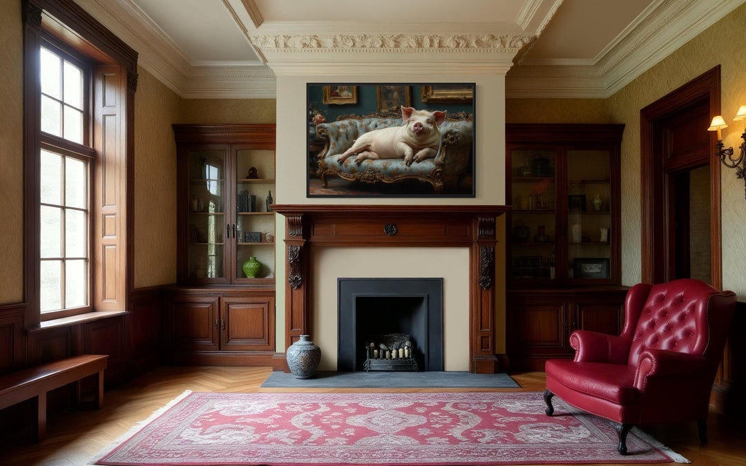 Chubby Fat Pig Lounging On the Couch Victorian Portrait Framed Canvas Wall Art