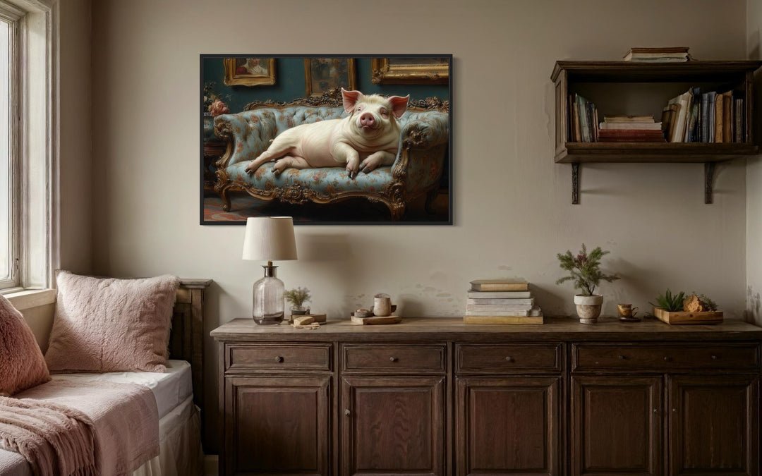 Chubby Fat Pig Lounging On the Couch Victorian Portrait Framed Canvas Wall Art