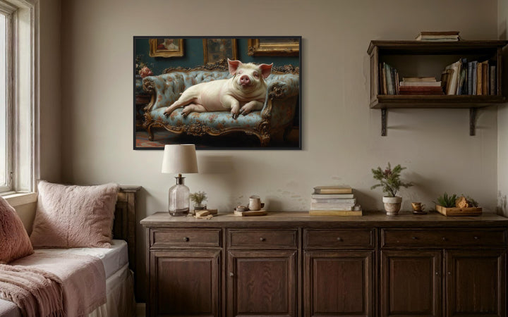 Chubby Fat Pig Lounging On the Couch Victorian Portrait Framed Canvas Wall Art