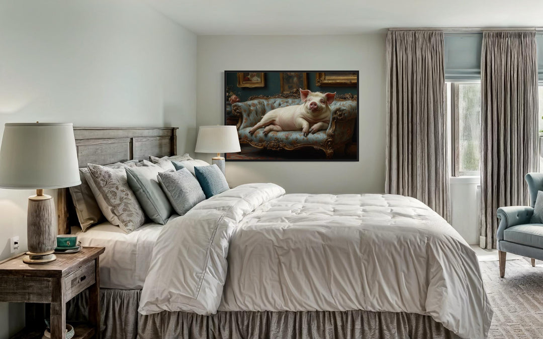 Chubby Fat Pig Lounging On the Couch Victorian Portrait Framed Canvas Wall Art