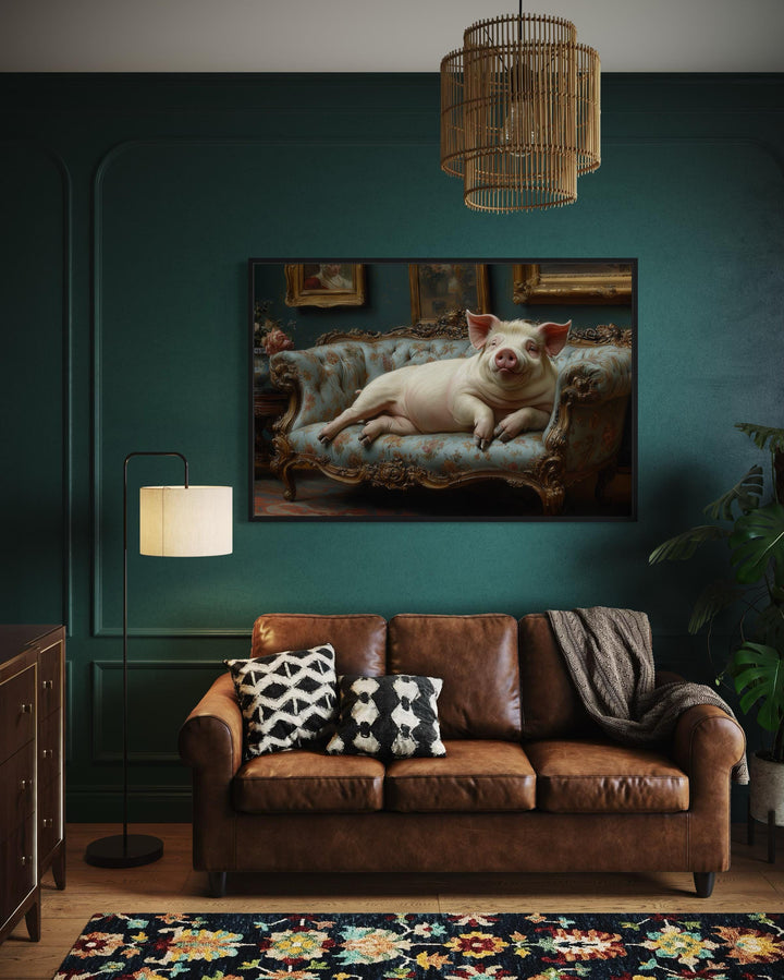 Chubby Fat Pig Lounging On the Couch Victorian Portrait Framed Canvas Wall Art