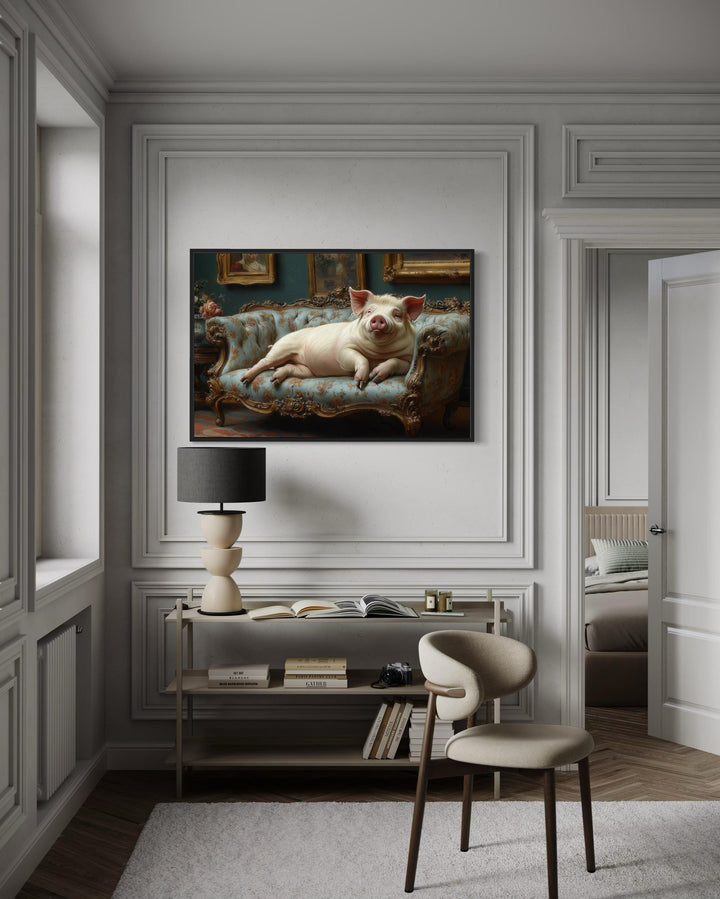Chubby Fat Pig Lounging On the Couch Victorian Portrait Framed Canvas Wall Art