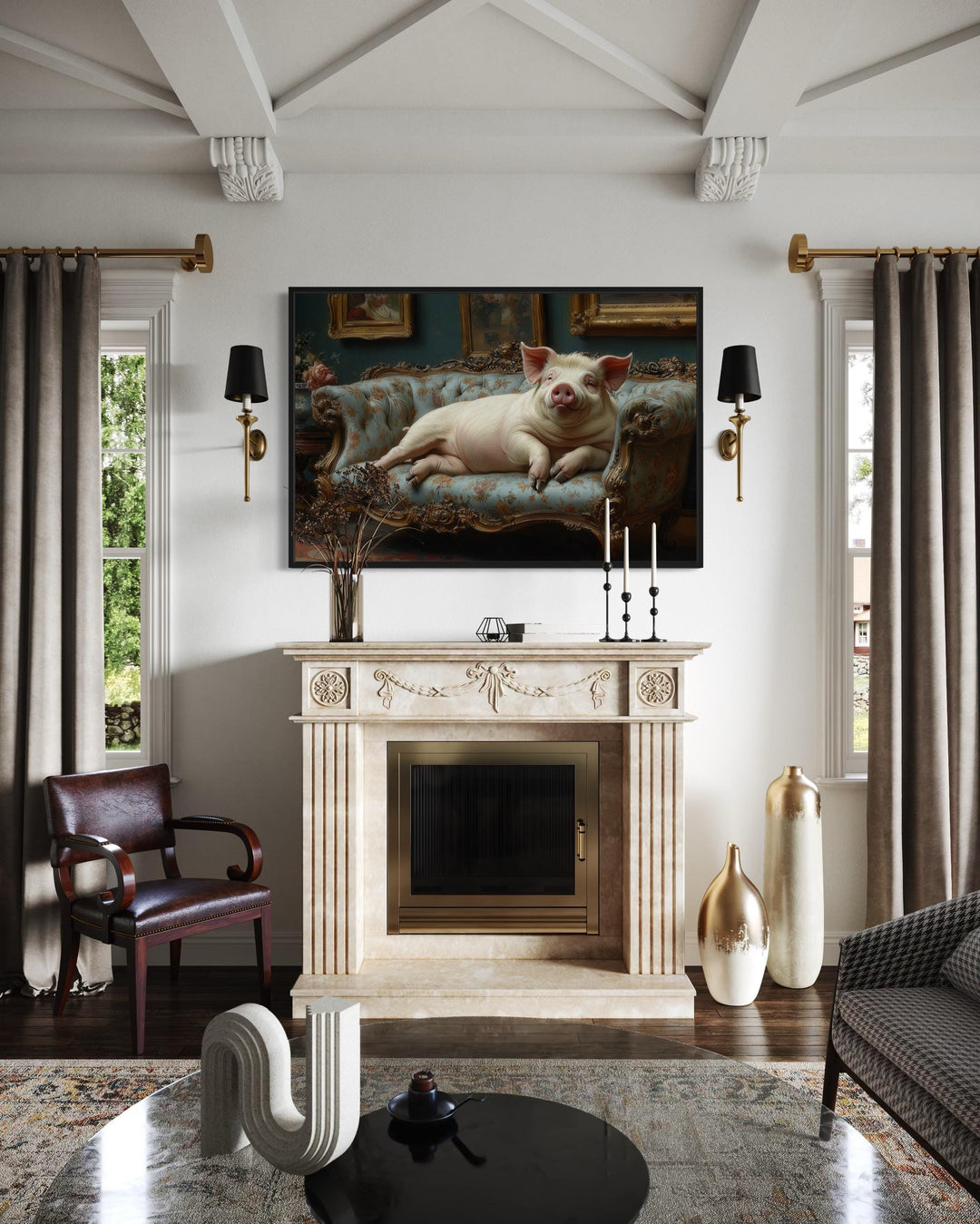 Chubby Fat Pig Lounging On the Couch Victorian Portrait Framed Canvas Wall Art
