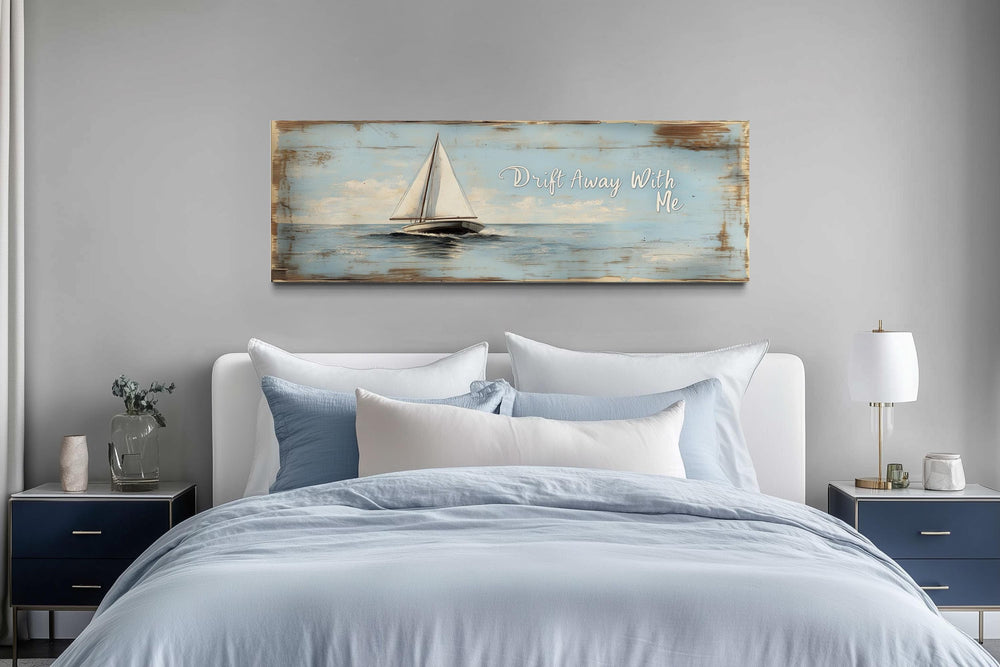 Coastal Bedroom Sign With Sailboat on Light Blue Canvas Wall Art