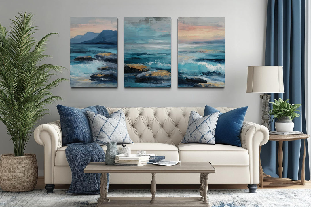 Coastal Ocean Set of 3 Canvas Wall Art – Blue Teal Waves On The Beach