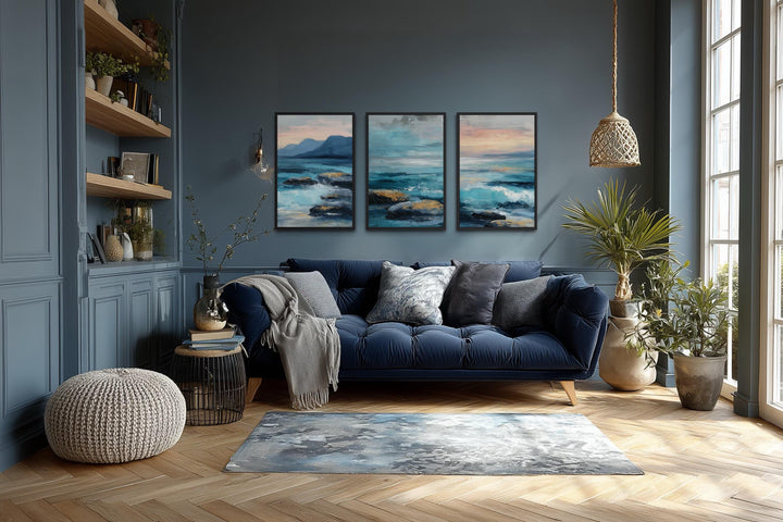 Coastal Ocean Set of 3 Canvas Wall Art – Blue Teal Waves On The Beach