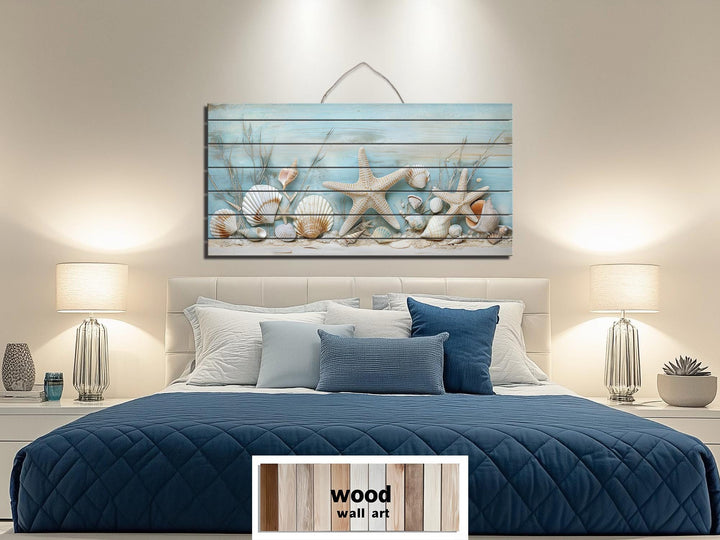 Coastal Sea Shells and Starfish Distressed Wood Wall Art