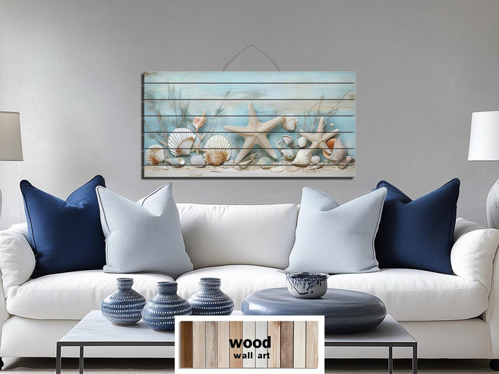 Coastal Sea Shells and Starfish Distressed Wood Wall Art