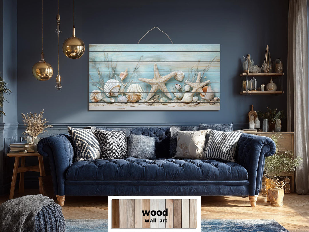 Coastal Sea Shells and Starfish Distressed Wood Wall Art