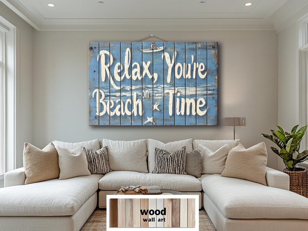 Coastal Wood Wall Art – Relax You’re On Beach Time Rustic Blue Wooden Sign