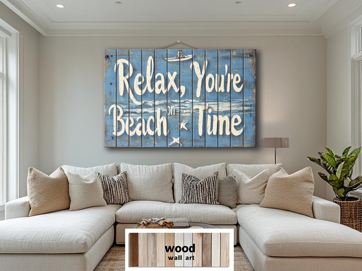 Coastal Wood Wall Art – Relax You’re On Beach Time Rustic Blue Wooden Sign