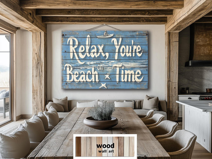 Coastal Wood Wall Art – Relax You’re On Beach Time Rustic Blue Wooden Sign
