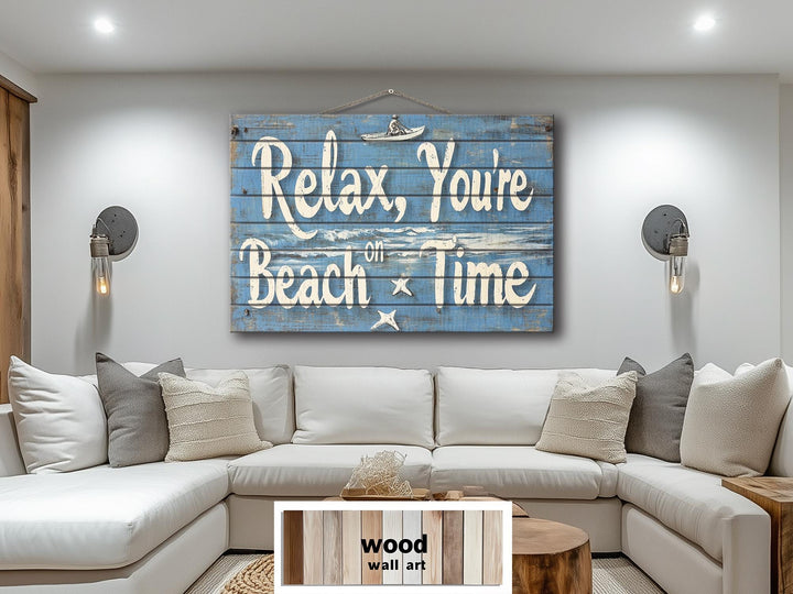 Coastal Wood Wall Art – Relax You’re On Beach Time Rustic Blue Wooden Sign