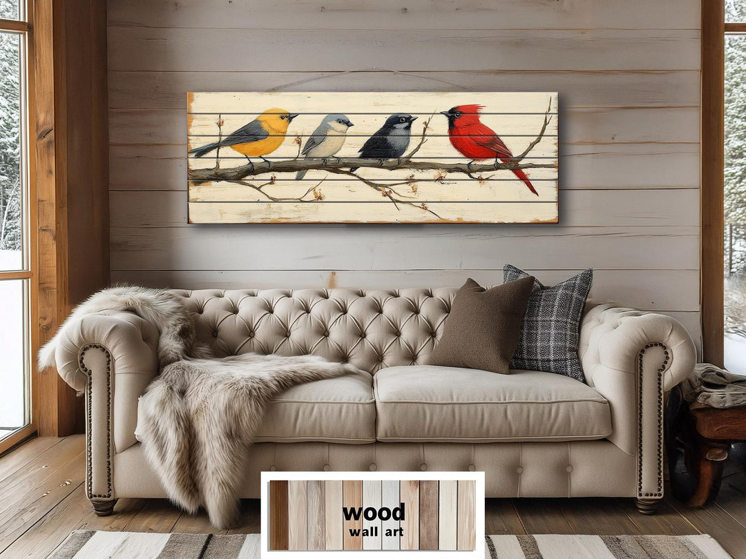 Colorful Birds On Branch Real Wood Long Horizontal Wall Art