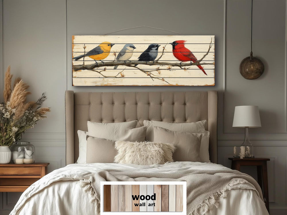 Colorful Birds On Branch Real Wood Long Horizontal Wall Art