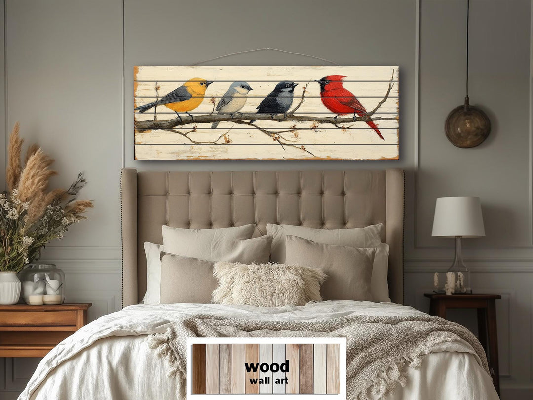Colorful Birds On Branch Real Wood Long Horizontal Wall Art