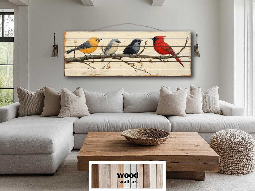 Colorful Birds On Branch Real Wood Long Horizontal Wall Art