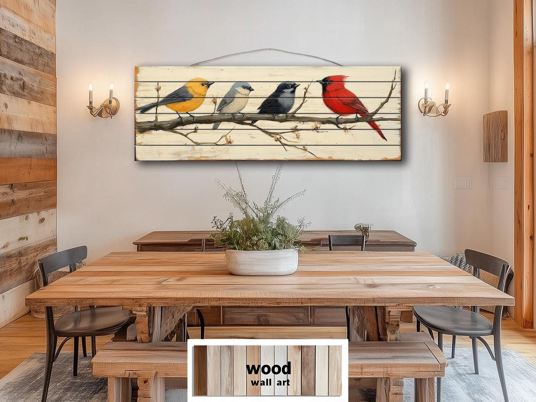 Colorful Birds On Branch Real Wood Long Horizontal Wall Art