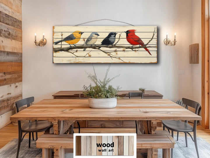 Colorful Birds On Branch Real Wood Long Horizontal Wall Art