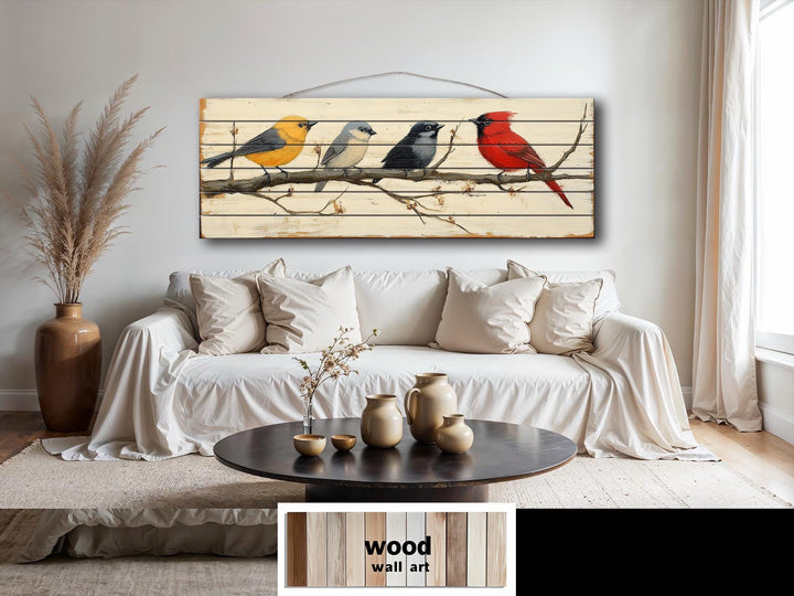 Colorful Birds On Branch Real Wood Long Horizontal Wall Art